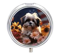 Shih Tzu Dog and Flowers Pill Box for Pocket Round Pill Box 3 Compartment Decorative Portable Travel Pill Holder Tablet Vitamin Organizer Mini Pill Case