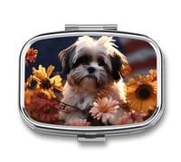 Shih Tzu Dog and Flowers Pill Box Travel Pill Organizer 2 Compartment Weekly Pill Case with Mirror A Day Medicine Container Medicine Organizer for Purse, Pocket, Or Wallet