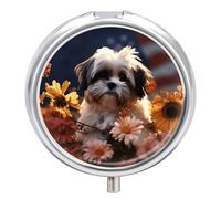 Shih Tzu Dog and Flowers Pill Case with 3 Compartments - Portable Travel Pill Organizer for Purse, Easy-Open Button Design, Small Round Pillbox Vitamin Holder Organizer for Women Men