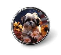 Shih Tzu Dog And Flowers Round Badge Personalized Metal Lapel Pin Badges Fit Clothing Bags Hat Humorous Printed Brooch Badge Party Decorations Accessories for Men Women