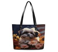 Shih Tzu Dog And Flowers Tote Bag Large Soft Leather Purse with Zipper Lightweight Ladies Shoulder Handbag