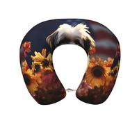 Shih Tzu Dog and Flowers U-Shaped Neck Pillow Soft Memory Foam Travel Pillow Comfortable Head Support Pillow for Sleeping Rest Airplane Car and Office Travel Accessories