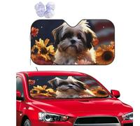 Shih Tzu Dog and Flowers Windshield Sun Shade for Car Personalized Window Sunshades Foldable Sun Heat Uv Rays Visor Protector to Keep Your Vehicle Cool for Universal Cars SUV Truck 55x29.9 Inch