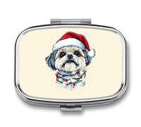 Shih Tzu Dog Christmas Portable Pill Organizer with 2 Compartments Square Medicine Box Compact Travel Pharmacy Case
