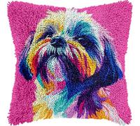 Shih Tzu Dog Colorful Latch Hook Kits Pillow Printed Cushion Crochet Yarn Needlework DIY Hook Latch Kit Pillowcase Rug Cover Home Sofa Christmas Decoration 43x43cm(4)
