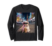 Shih Tzu Dog Drinking Iced Coffee in Tokyo City Photo Night Long Sleeve T-Shirt