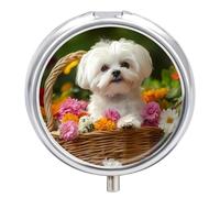Shih Tzu Dog Flower Basket Pill Box 3 Compartment Small Portable Medicine Case Pill Organizer for Pocket Purse