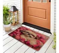 Shih Tzu Dog Front Black Door Mat Outside Inside Entrance 29 * 17, Oil Painting Peach Flower Outdoor Indoor Ultra Thin Doormat, Small Pet Classroom Patio Garage Shoes Off Doormat