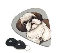 Shih Tzu Dog Guitar Picks 6 Pack with Leather Guitar Pick Holder Keychain, Plectrum Key Fob Cases Bag, Abstract Art Plectrum for Acoustic Electric Guitar, Ukulele 0.96mm