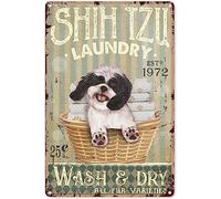 Shih Tzu Dog Laundry Company Sign - Wash and Dry All Fur Varieties Metal Decor Tin Aluminum Wall Art Retro Poster for Door Home Farmhouse 12x8 Inch