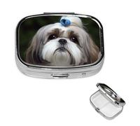Shih Tzu Dog Pill Box 2 Compartment Medicine Pill Organizer Square Pill Case for Purse & Pocket Travel Pillbox Portable Metal Medicine Vitamin Fish Oil Organizer Unique Gift