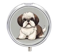 Shih Tzu Dog Pill Box 3 Compartment Portable Travel Pill Case with Mirror Round Metal Medicines Storage Container Pocket Medicine Box to Hold Vitamins Fish Oil