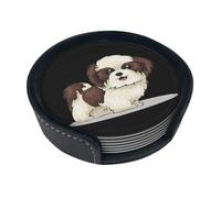 Shih Tzu Dog,Set of 6 Round Coasters, Pu Leather Drinks Coasters with Holder for Home Office Kitchen