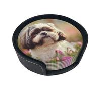 Shih Tzu Dog,Set of 6 Round Coasters, Pu Leather Drinks Coasters with Holder for Home Office Kitchen
