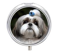 Shih Tzu Dog Small Pill Case Round Weekly Pills Organizer with Mirror 3 Compartments Portable Travel Daily Pills Container Cute Pill Box for Fish Oil Supplement