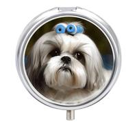 Shih Tzu Dog Small Pill Case Round Weekly Pills Organizer with Mirror 3 Compartments Portable Travel Daily Pills Container Cute Pill Box for Fish Oil Supplement