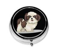 Shih Tzu Dog This Small, Round Pill Box is a Portable Travel Medicine Organizer with Three compartments for Storing Daily medications.