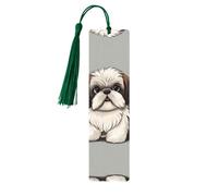Shih Tzu Dog Wooden Bookmarks with Dark Green Tassels Handmade Double-Sided Printed Book Marks Page Markers Book Accessories Gift for Book Lovers Women Men