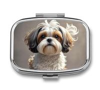 Shih Tzu DogPill Organizer with Mirror, 2 Compartment Metal Travel Pill Case, Weekly Medicine Container for Daily Meds, Compact & Artistic Design for Purse, Pocket, Or Wallet