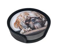 Shih Tzu Fluffy Dogs Pets Dogs Shih Tzu,Set of 6 Round Coasters, Pu Leather Drinks Coasters with Holder for Home Office Kitchen