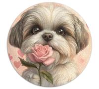 Shih Tzu Jigsaw 1000 Piece Round Puzzle Pink Rose And Hearts Challenging Puzzles for Family Game And Birthday Gift Idea for Friends 1000pcs (67.5x67.5cm)