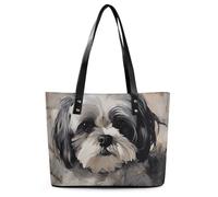 Shih Tzu Leather Tote Bag for Women Work Shoulder Purses with Zipper Waterproof Large Computer Shoulder Bag Fashion Ladies Shoulder Handbag Reusable Shopping Bags