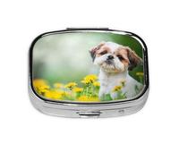 Shih Tzu Little Cute Dogs Curly Puppy Pets Field,Meta Pill Box 2 Compartment Medicine Case,Portable Organizer,Rectangle Meta Portable Organizer Pill Box 2494 Compartment Medicine Case