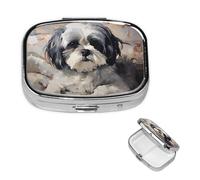 Shih Tzu Pill Box Portable Small Pill Case 2 Compartment Metal Pill Vitamins Holder Organizer Cute Travel Pillbox for Purse Pocket