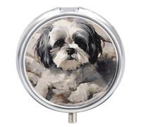 Shih Tzu Pill Case Pill Box with 3 Compartments | Round Travel Pill Organizer Portable Pill Container for Pocket Purse Women Men Daily Use Vitamins Supplement Holder