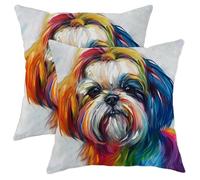 Shih Tzu Pillow Covers Set of 2, Abstract Art Colorful Dog Decorative Square Throw Pillow Cases, Modern Indoor Outdoor Cushion Covers for Home Sofa Bed Couch 16x16 Inch
