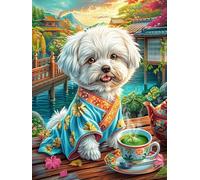 Shih Tzu Puppy in A Kimono with Tea 300 Piece Complete Jigsaw Puzzle Set Fairy Tale Scenery Cartoon Teens Beginners Educational Challenge Puzzle Fans Group Play Anniversary Fathers Thick Cardboard 3