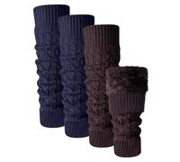 Shihanee 2 Pairs Winter Fleece Lined Leg Warmers for Women Warm Long Boot Socks Knit Thick Calf Warmers for Skating Walking, Brown, Navy Blue, One Size
