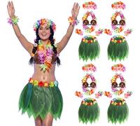 Shihanee 24 Pcs Hawaiian Hula Grass Skirt Set Coconut Bra Tropical Leaf Hula Skirt with Artificial Hibiscus Flowers Leis for Women (Classic)