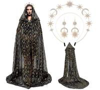 Shihanee 3 Pcs Black Celestial Witch Costume Set Halloween Wedding Tulle Cape Hooded with Star Moon Headband and Earrings Cloak Gothic Costume for Cosplay
