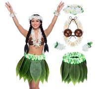 Shihanee 6 Pcs Hawaiian Hula Grass Skirt Set Coconut Bra Tropical Leaf Hula Skirt with Artificial Hibiscus Flowers Leis for Women (Fresh)