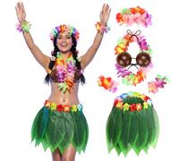 Shihanee 6 Pcs Hawaiian Hula Grass Skirt Set Include Coconut Bra Tropical Leaf Hula Skirt with Artificial Hibiscus Flowers Leis for Adult Women Men Luau Beach Dress Outfits Costume