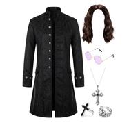 Shihanee 6 Pcs Metal Rock Star Costume Set for Men 80s Rocker Cosplay Outfits with Steampunk Frock Coat Long Curly Wig Round Retro Sunglasses Gothic Cross Necklace Punk Rings for Halloween Party