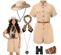 Shihanee 6 Pcs Safari Costume for Women Sun Bucket Hat Camel Belt Leopard Neck Scarf Binocular Compass with a Black Rope Safari Accessories for Womens Zoo Keeper Halloween Costumes