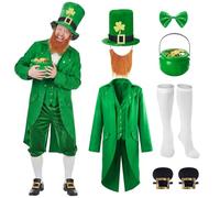 Shihanee 9 Pcs St. Patrick's Day Leprechaun Costume Outfit Men Suit Hat Beard Bow Tie Brooch Socks Shoes Buckle Pot 100 Coins, Green, Gold, Black, 4 XL