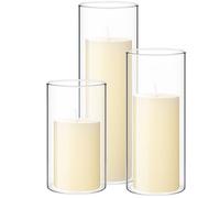 Shihanee Set of 3 White Pillar Candles and 3 Glass Cylinder Candle Holders for Slim Candles Wedding Valentine's Day Centerpieces(Ivory White, 2.6'' X 4.7'', 5.9'', 7.9'')