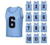 SHIJIXING 12 Pack（1-12） Numbered Pinnies/Soccer Training Bibs/Basketball Jerseys for Kids,Youth and Adults, 1-12 Sky Blue, Large