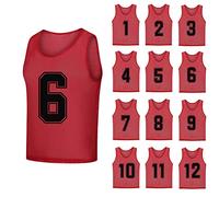 SHIJIXING 12 Pack（1-12） Numbered Pinnies/Soccer Training Bibs/Basketball Jerseys for Kids,Youth and Adults, 1-12 Red, Large