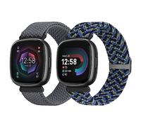 SHIJZWD Elastic Braided Strap Compatible with Fitbit Versa 4/3/Sense 2, 2 Pack Sport Nylon Band Stretchy Replacement Wristband for 3/Versa 4/Sense 2/Sense, Space Grey+Camouflage Blue