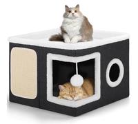 Shikha Cat House for Indoor Pets, 2 Layer Large Cat Cave with Cozy Condo, Scratch Board and Fluffy Ball, Foldable Cats Bed, Kitten Hideaway With Double-Sided Soft Cushions for All Seasons, Black-Grey
