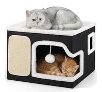 Shikha Cat House for Indoor Pets, 2 Layer Large Cat Cave with Cozy Condo, Scratch Board and Fluffy Ball, Foldable Cat-Bed, Kitten Hideaway With Double-Sided Soft Cushions for All Seasons, Black-Grey