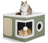 Shikha Cat House for Indoor Pets, 2 Layer Large Cat Cave with Cozy Condo, Scratch Board and Fluffy Ball, Foldable Large Cat-Bed, Kitten Hideaway With Double-Sided Soft Cushions for All Seasons, Green