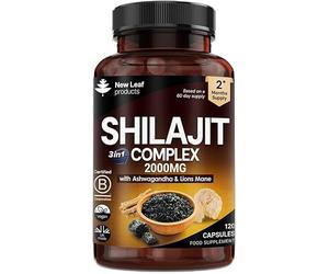 Shilajit Complex - Himilayan Shilajit enriched with Ashwagandha & Lions Mane, High Strength 2000mg Shilajit Complex Capsules with 60% Fulvic Acid - 2 Months Supply Made in The UK by New Leaf