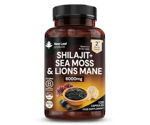 Shilajit Seamoss and Lions Mane Capsules 6000mg - High Strength Complex - 60% Fulvic Acid Shilajit, Irish Sea Moss, Lions Mane 100% Fruiting Body - Vegan, UK Made 120 Capsules