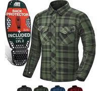 SHIMA RENEGADE MEN 2 Motorcycle Shirt for Men Armored Plaid Biker Flannel Jacket with Kevlar by DuPont layer, Back, Shoulder, Elbow Protectors, Zipper and Snap Closure (Green, M)