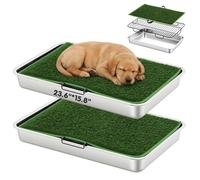 Shimeyao 6 Pcs Dog Grass Pad with Tray Includes 2 Stainless Steel Tray 23.6" x 15.8" 2 Artificial Grass Mats and Stable Support grids Portable Dog Toilet for Indoor and Outdoor Use